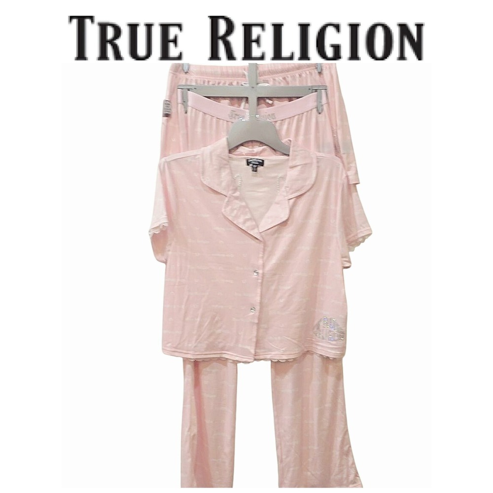 True Religion 3-PC Rhinestone Logo/Floral Mesh Horseshoe Sleepwear Set- Pink